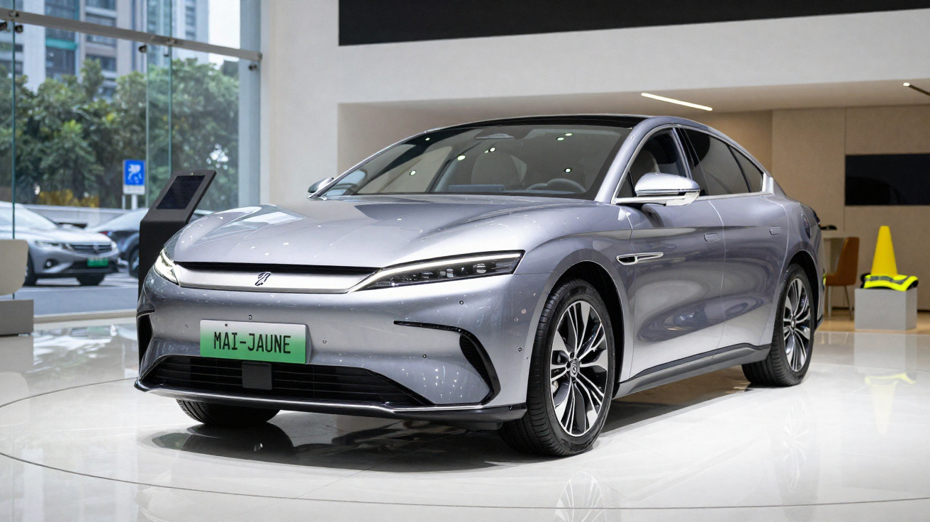Carro elétrico prata com design moderno exposto em showroom claro e sofisticado.