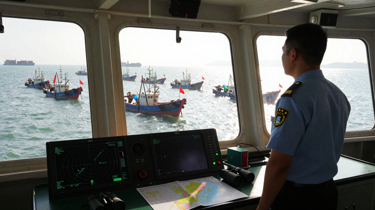Homem uniformizado observando barcos de pesca no mar a partir da cabine de um navio com equipamentos de navegação.