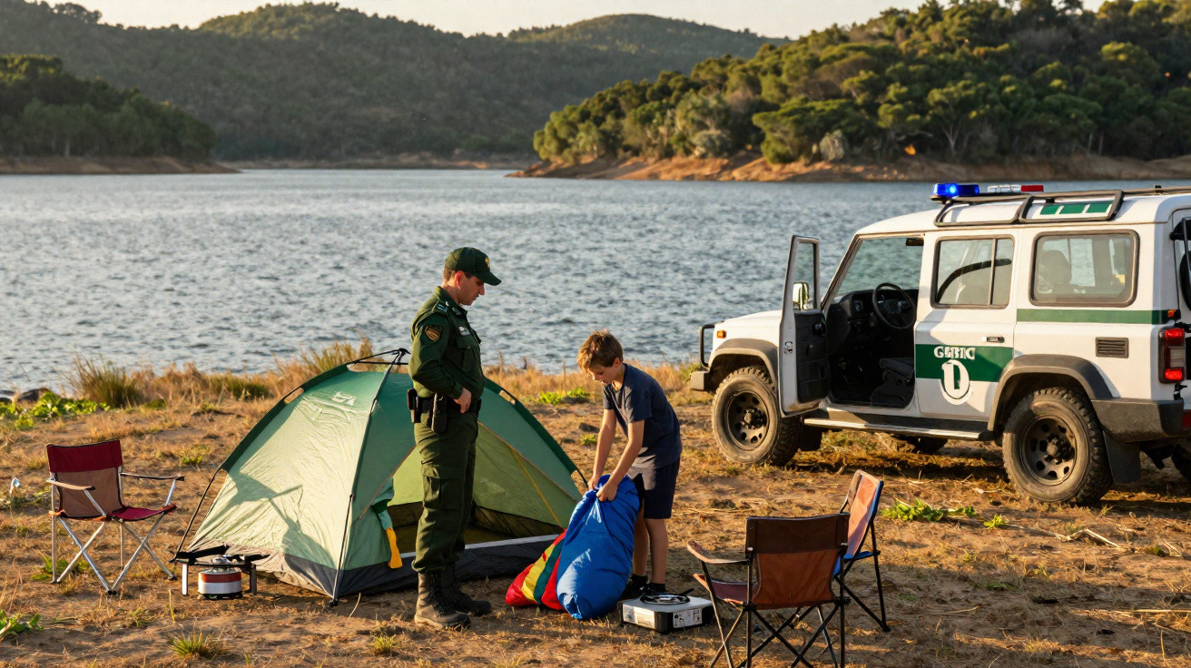 Agente ambiental conversa com menino perto de barraca em acampamento à beira de lago com viatura estacionada.