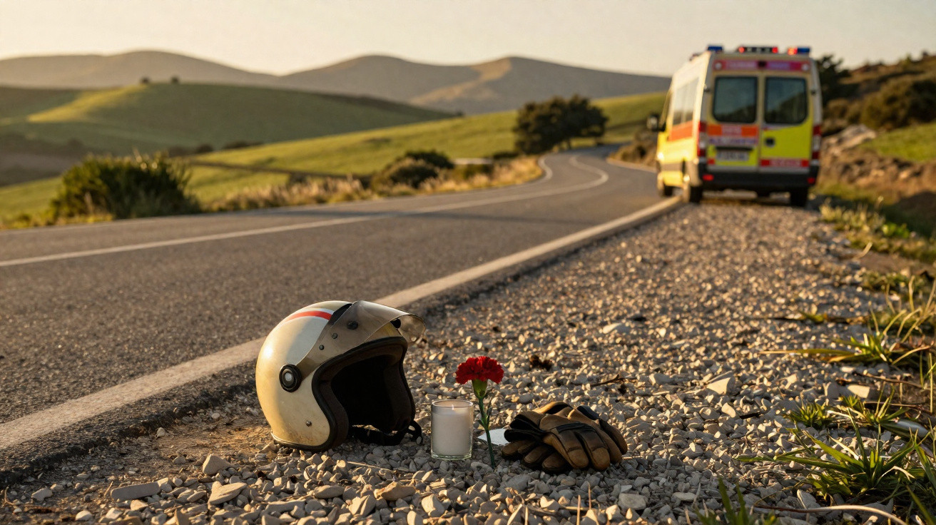 Capacete, vela e flor no acostamento de estrada com ambulância ao fundo em área rural.