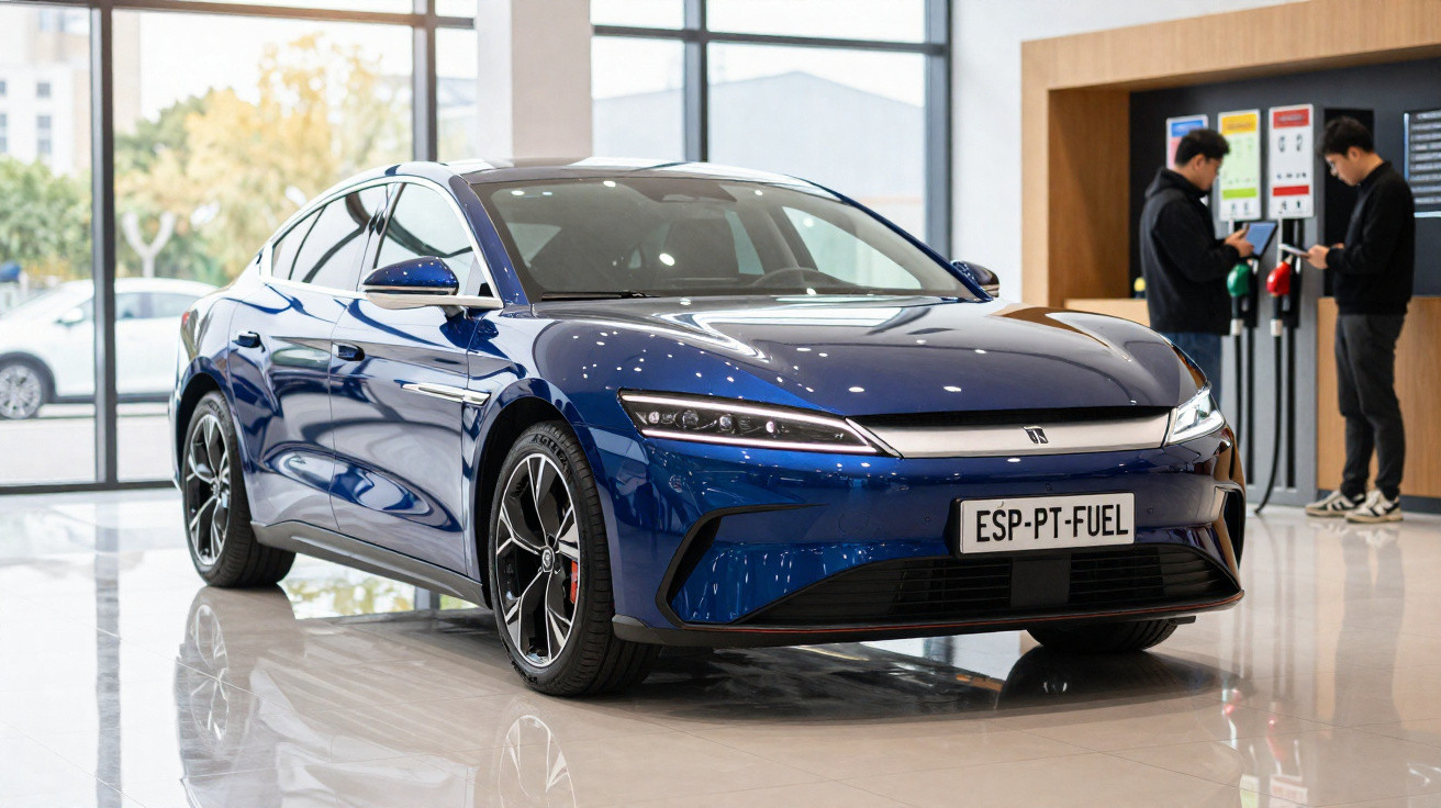 Carro elétrico azul brilhante exibido em showroom moderno com pessoas ao fundo.
