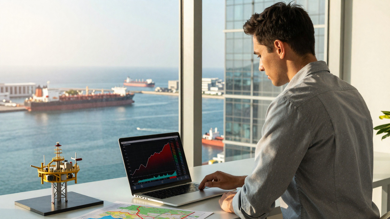 Jovem analisa gráfico financeiro no laptop com vista para porto e navios em escritório iluminado.