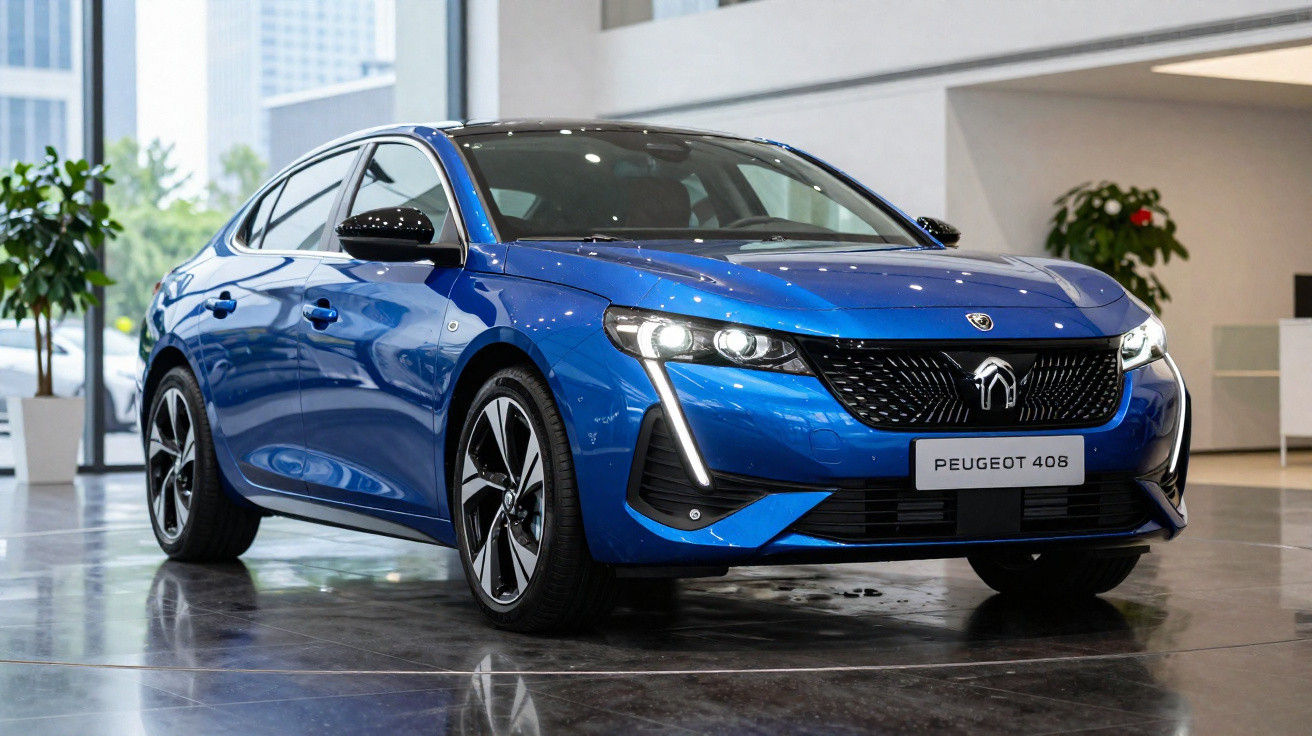 Carro Peugeot 408 azul exibido em ambiente interno moderno, com faróis acesos e design aerodinâmico.