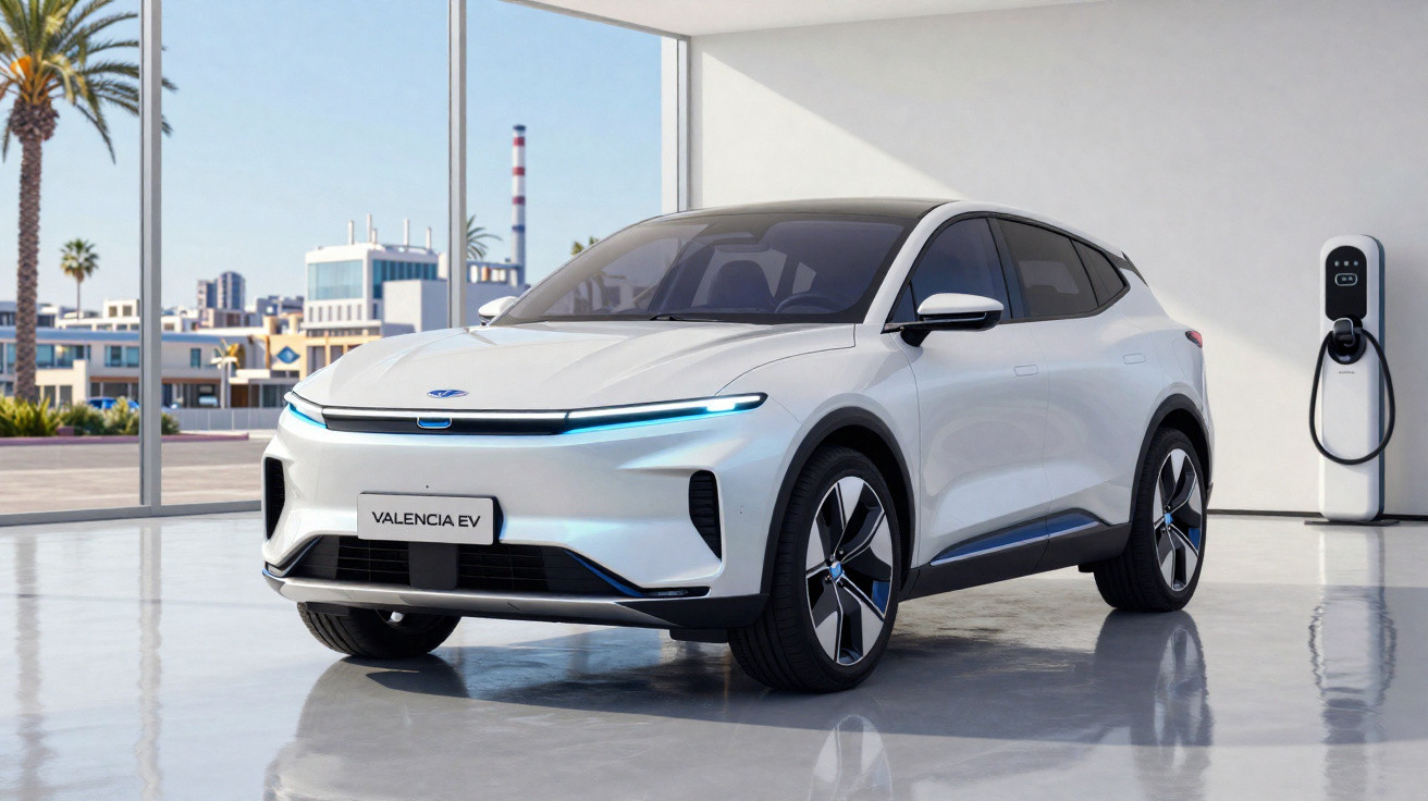 Carro elétrico branco modelo Valencia EV estacionado próximo a carregador em ambiente moderno com janelas grandes.