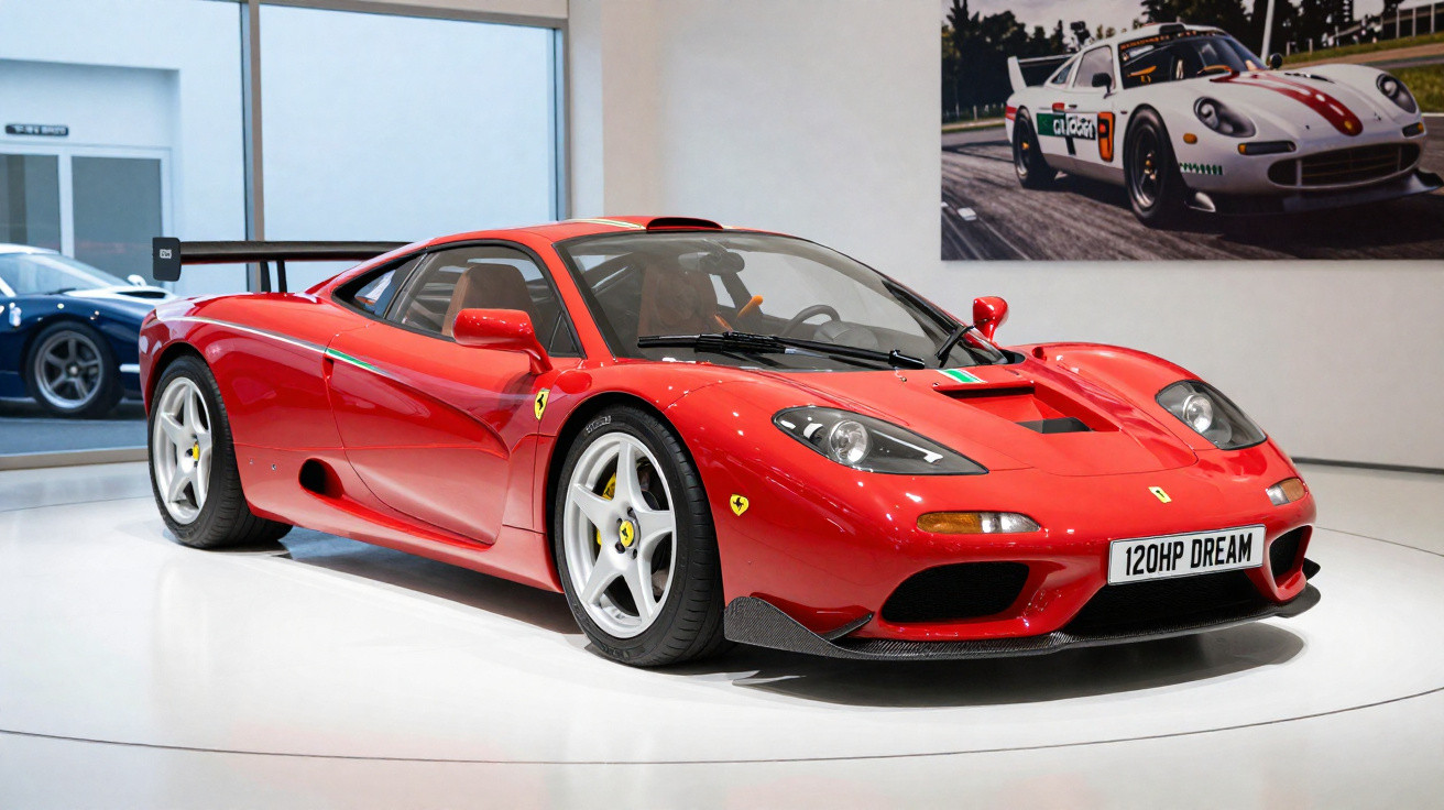 Carro esportivo Ferrari vermelho em exposição, com placa "120HP DREAM" e aerofólio traseiro.