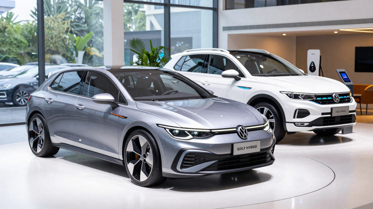 Dois carros Volkswagen, um prata Golf Hybrid e um branco SUV, expostos em showroom moderno.