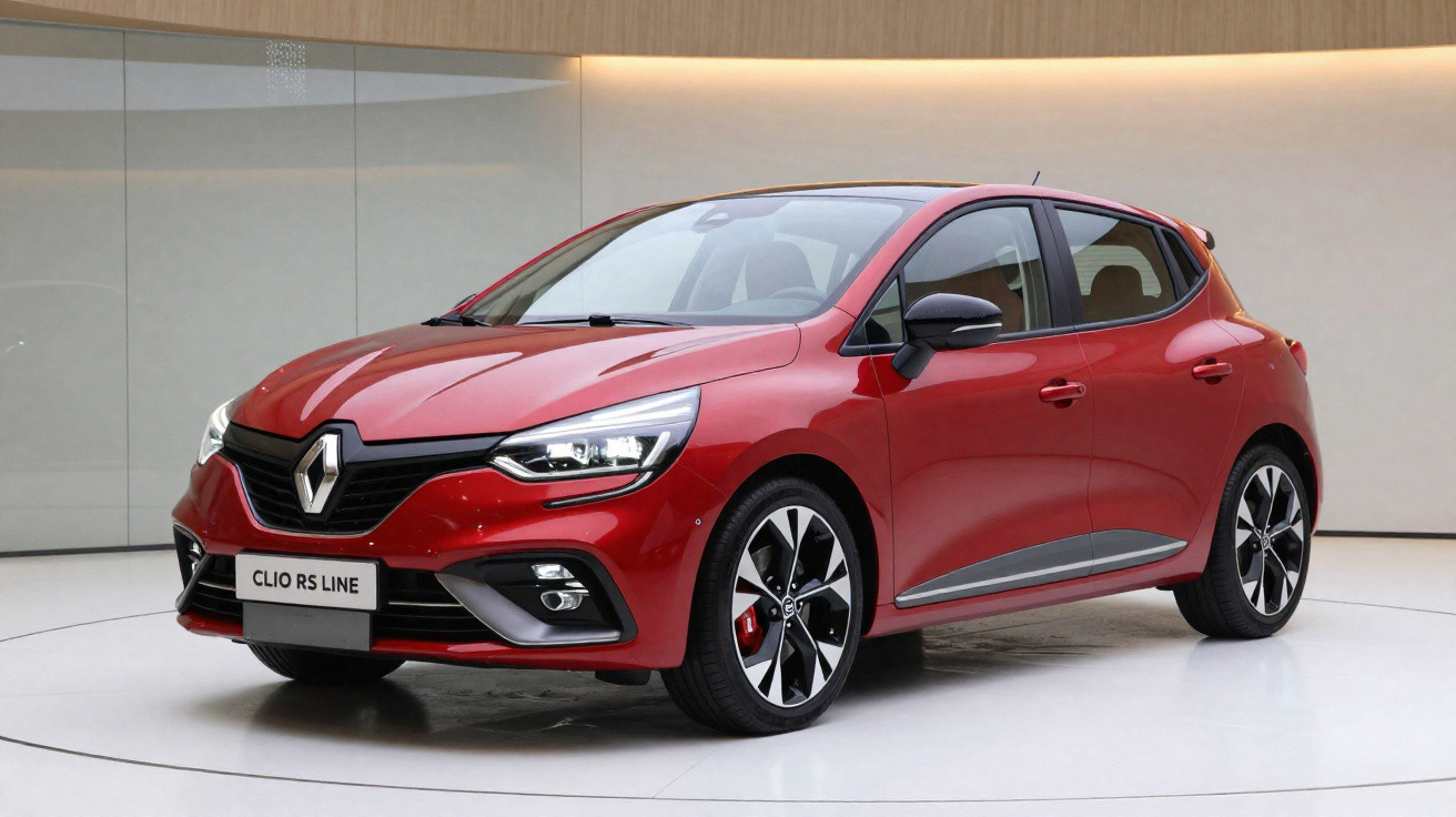 Carro Renault Clio RS Line vermelho, hatch, em ambiente interno com piso branco e parede bege.