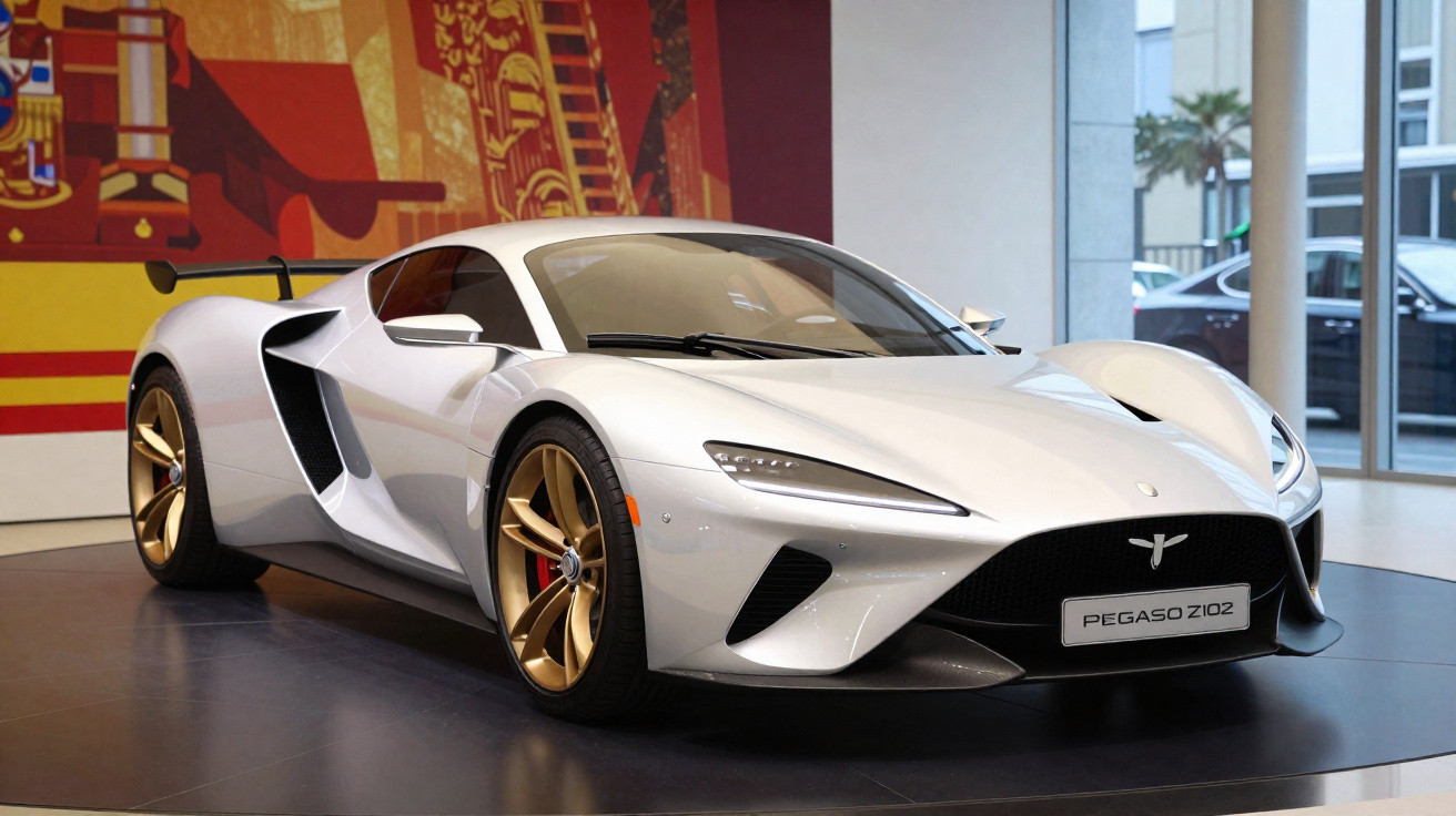 Carro esportivo branco com rodas douradas exposto em showroom com pintura vermelha ao fundo.