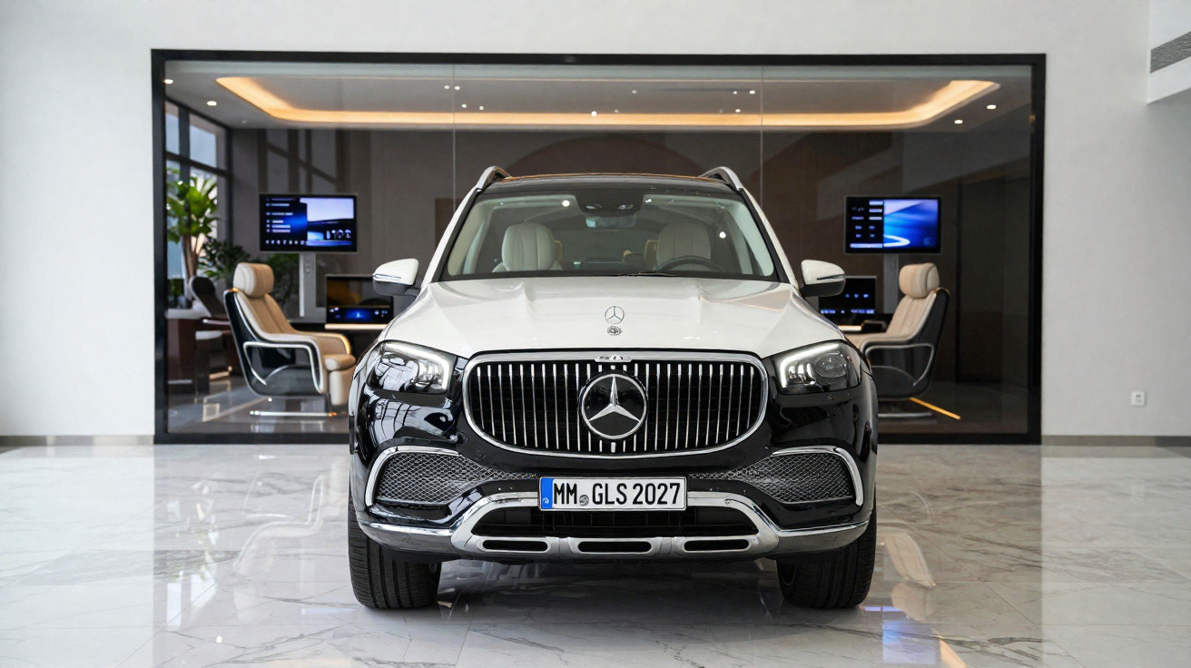 SUV Mercedes-Benz GLS 2027 preto e branco estacionado em showroom com piso de mármore.