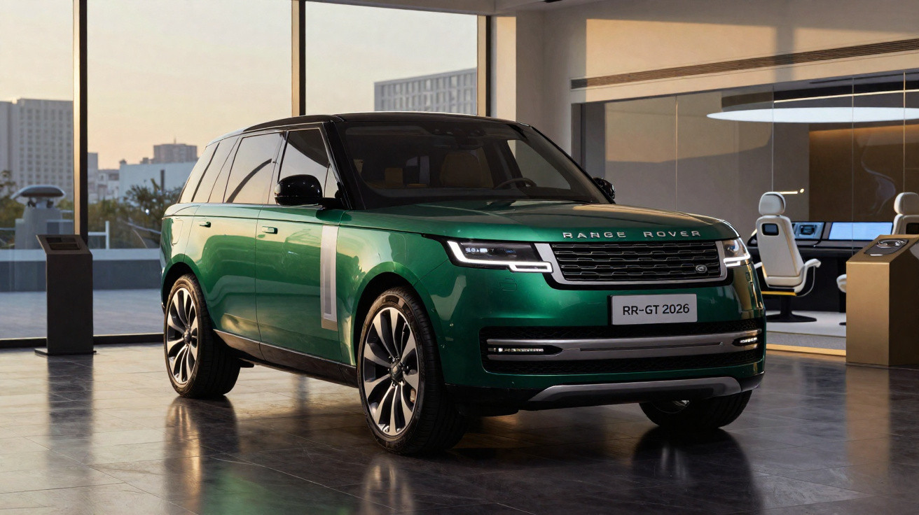 SUV verde Range Rover RR-GT 2026 em exibição dentro de showroom moderno com janelas amplas.