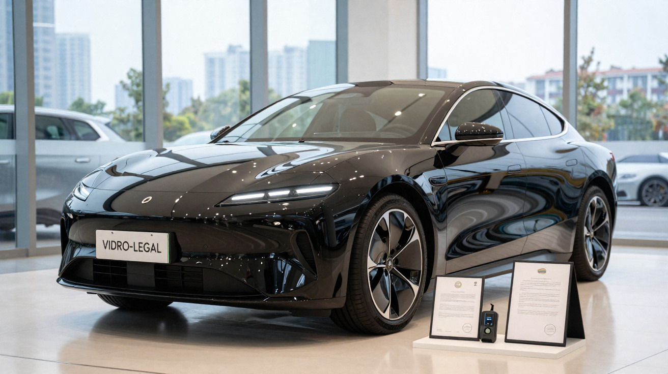 Carro elétrico preto moderno exibido em showroom com placas de informações ao lado.