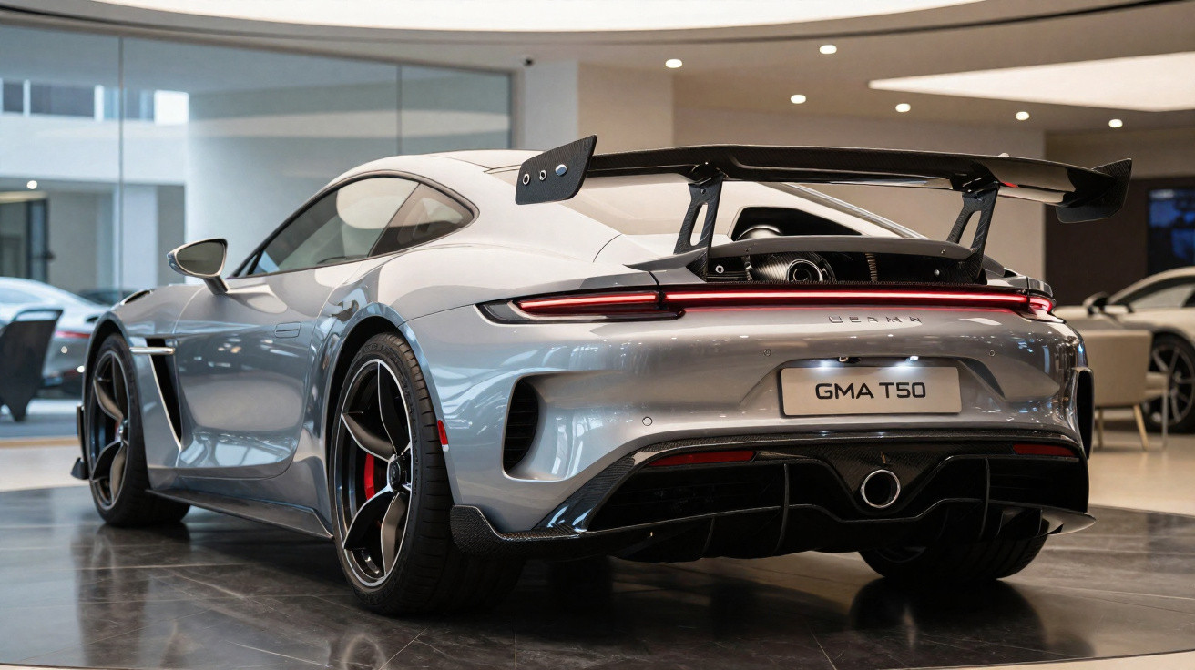 Carro esportivo cinza prata GMA T50 visto de trás em exposição interna com aerofólio traseiro grande.