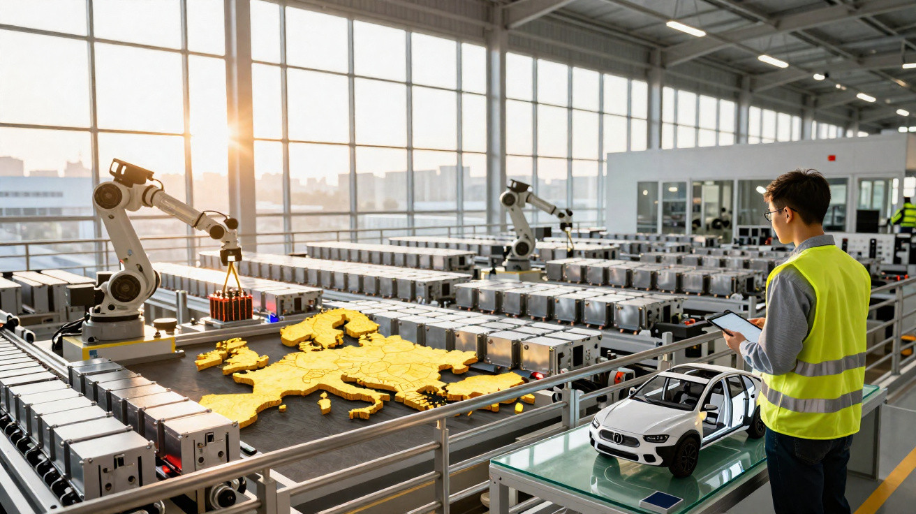 Indústria automatizada com robôs e homem usando colete analisando maquete de carro e mapa da Europa amarela.