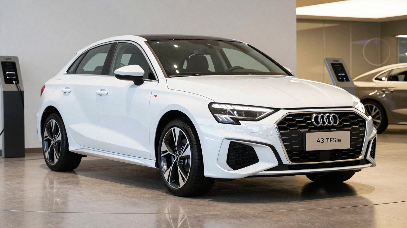 Carro Audi A3 TFSIe branco estacionado em showroom com carregador elétrico ao fundo.