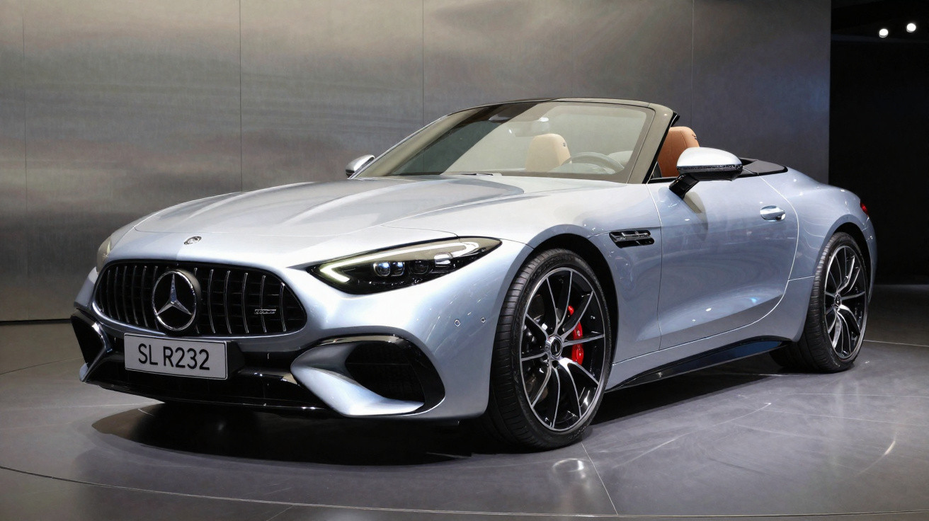 Carro esportivo conversível prata Mercedes-Benz SL R232 estacionado em ambiente interno com teto aberto.