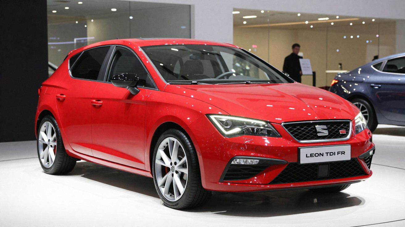 Carro vermelho Seat Leon TDI FR exposto em salão com rodas prata e faróis acesos.