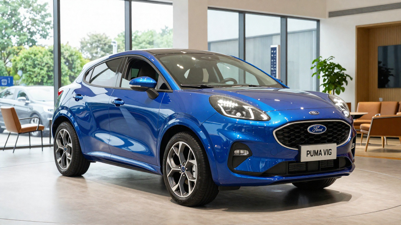 Carro azul Ford Puma VIG estacionado em ambiente interno com janelas grandes e cadeiras ao fundo.