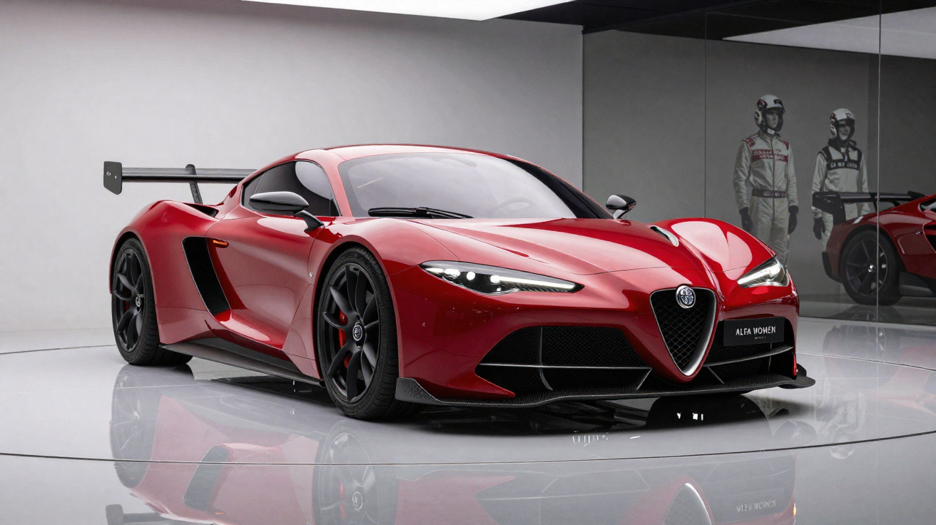 Carro esportivo vermelho Alfa Romeo com design aerodinâmico em estúdio com reflexos no chão branco.