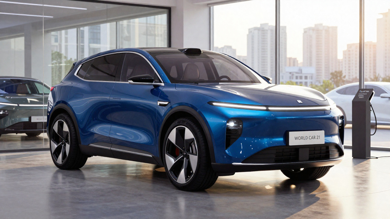 Carro elétrico SUV azul moderno exposto em showroom com iluminação natural e edifícios ao fundo.