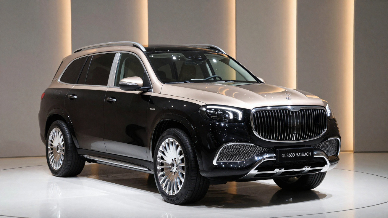 SUV de luxo preto e prata Mercedes-Benz GLS 600 Maybach em exposição com fundo iluminado.