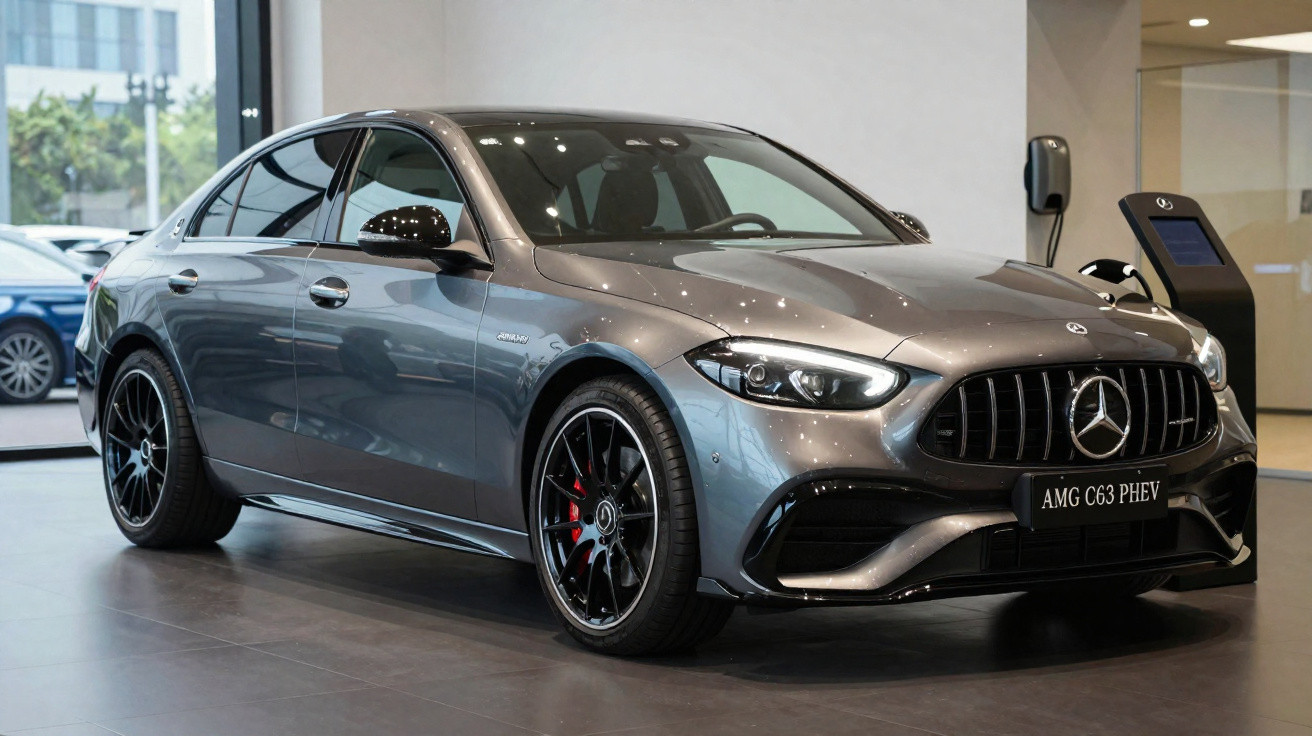 Carro esportivo Mercedes AMG C63 PHEV cinza metálico em exposição na concessionária.