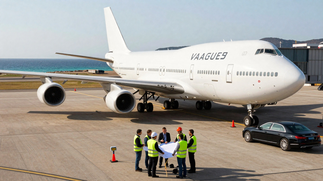 Avião branco estacionado no aeroporto com grupo de pessoas usando coletes refletivos analisando plantas na pista.