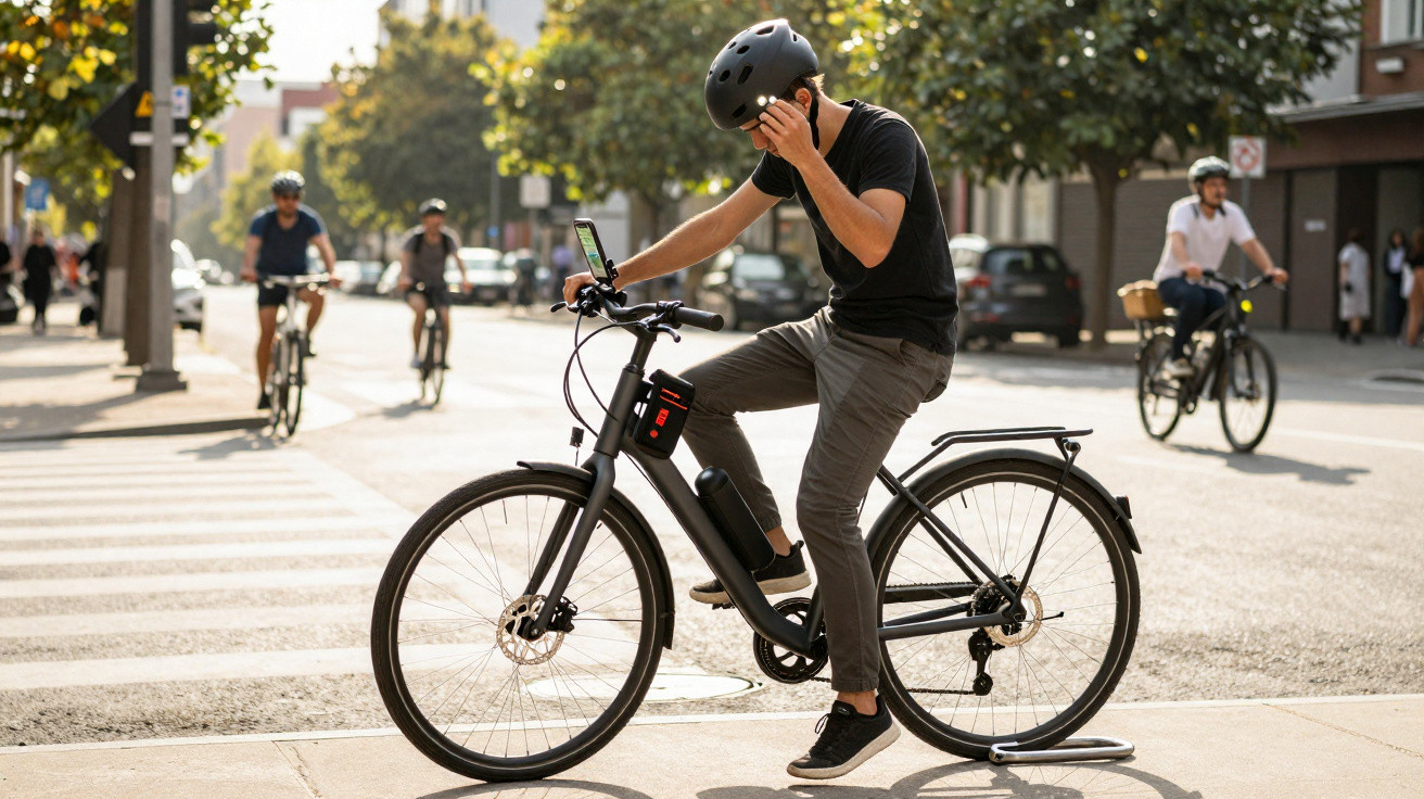 Homem de capacete ajusta fone enquanto está parado em bicicleta elétrica em rua movimentada com ciclistas ao fundo.