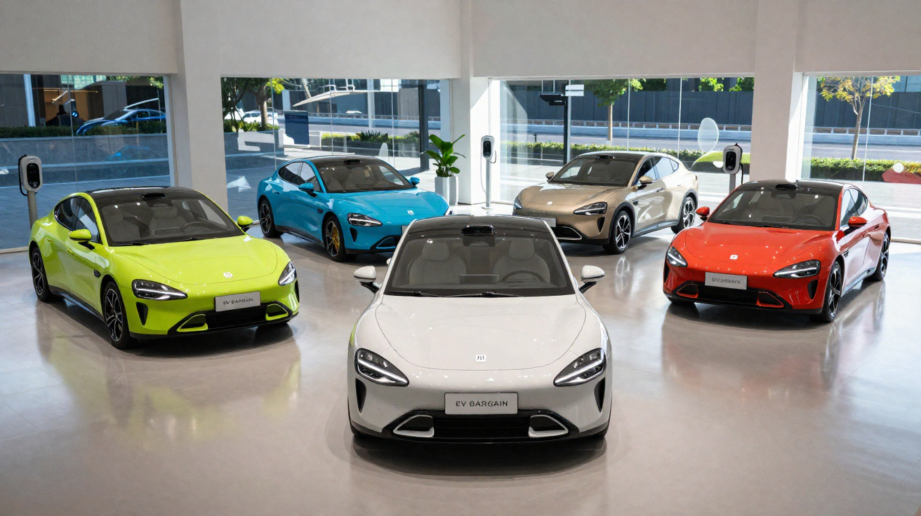 Cinco carros elétricos coloridos em exposição em showroom moderno com parede de vidro e estações de recarga.