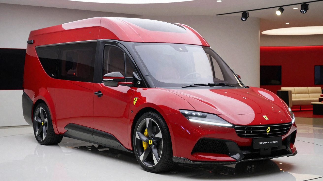 Van esportiva vermelha Ferrari em sala de exposição com design moderno e aerodinâmico.