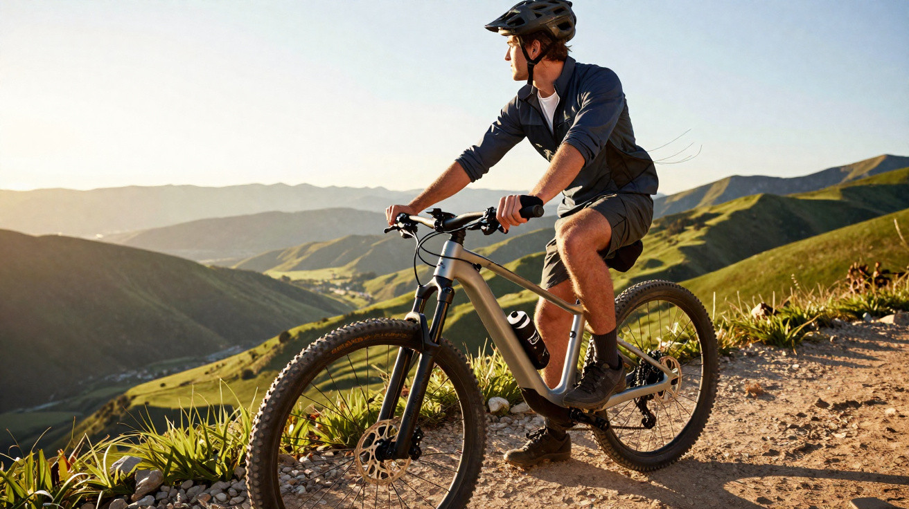 Homem de capacete pedalando bicicleta em trilha de montanha ao pôr do sol.