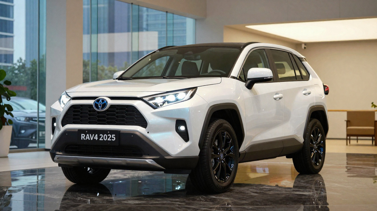 SUV branco Toyota RAV4 2025 em exibição dentro de showroom moderno, com teto preto e rodas pretas.