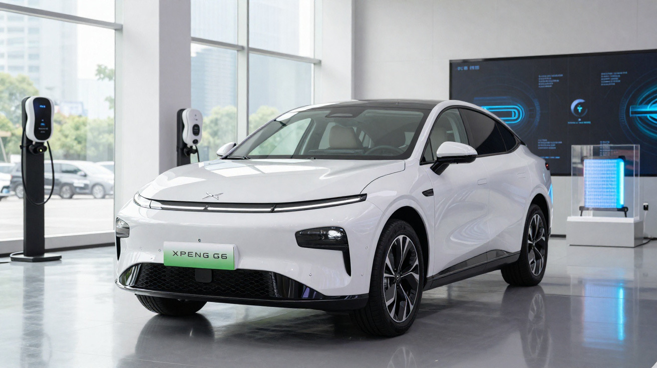 Carro elétrico branco XPeng G6 em exposição, com estações de carregamento ao fundo.