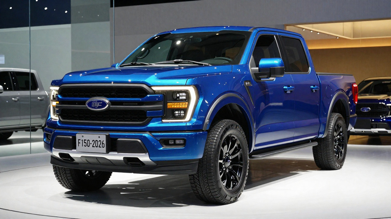 Picape Ford F-150 azul em exposição com rodas pretas e faróis acesos em ambiente interno.