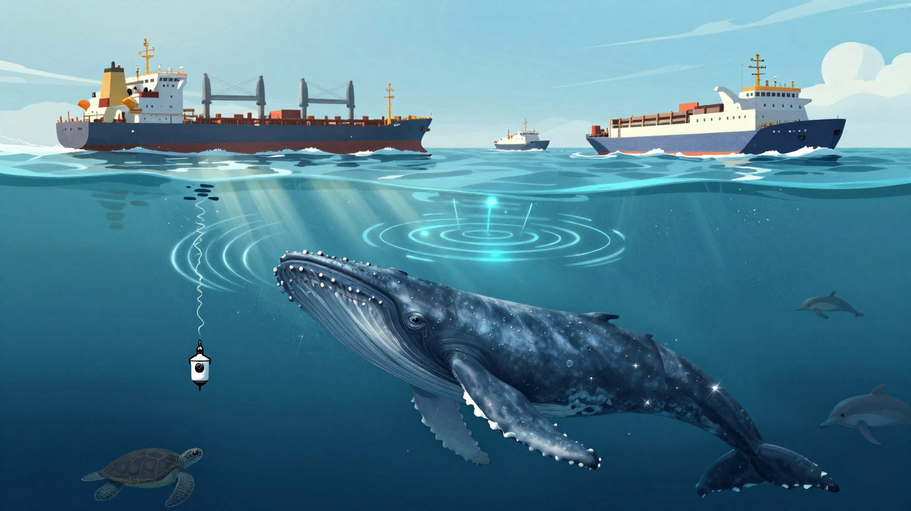 Ilustração de baleia azul e tartaruga no oceano com navios e golfinhos na superfície e submersos.