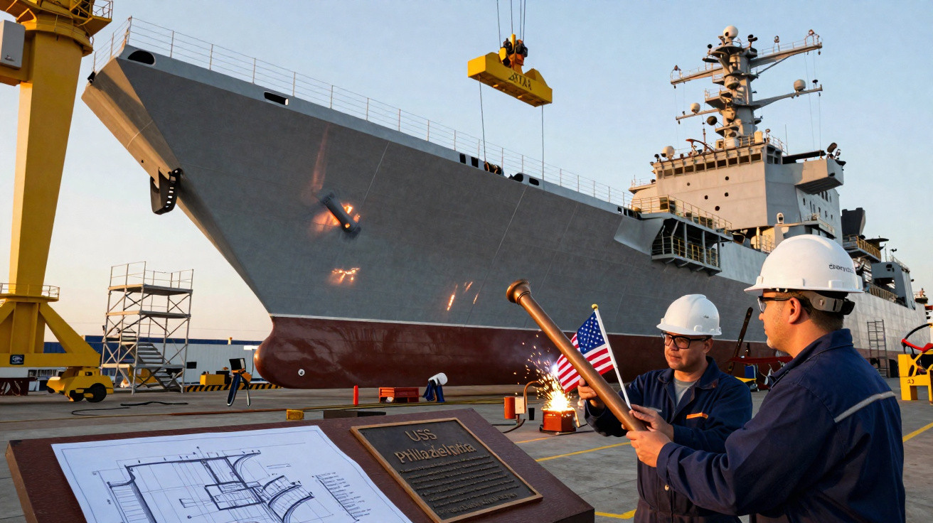 Dois trabalhadores com capacetes seguram uma peça diante de um navio em construção no estaleiro naval.