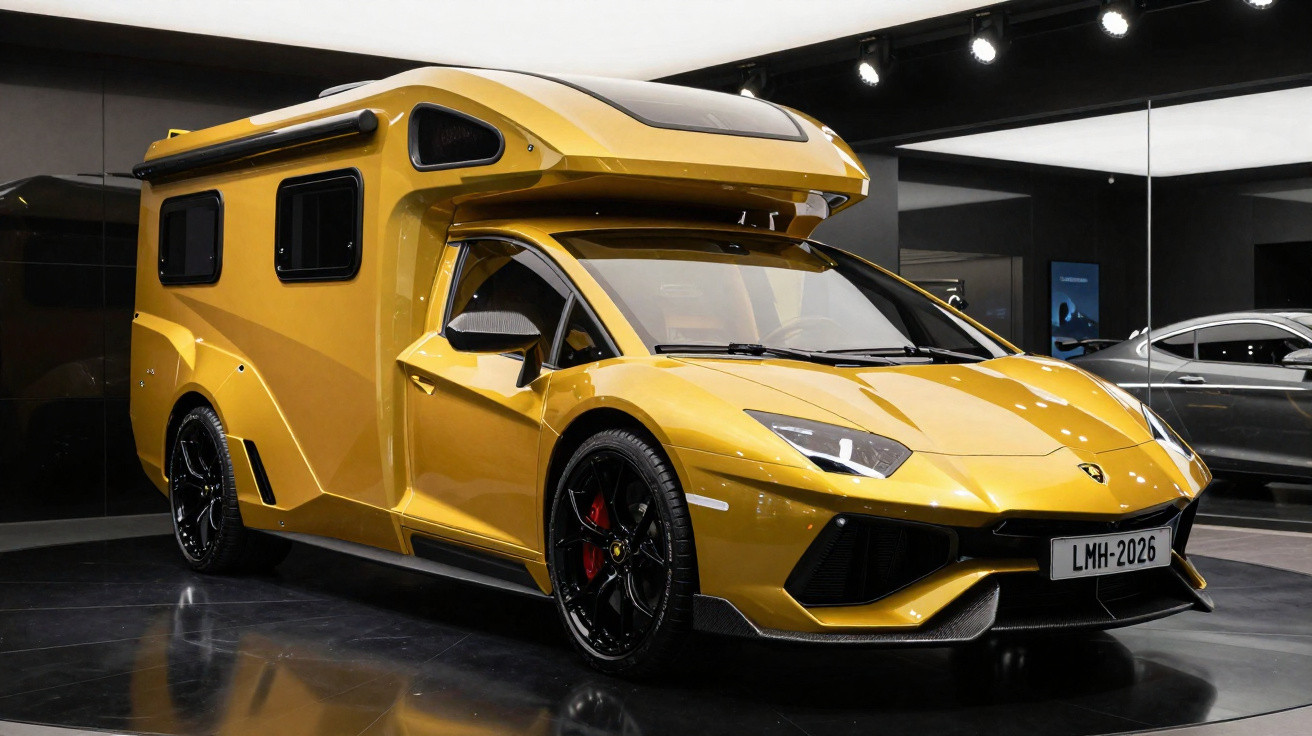 Carro camper esportivo amarelo com design futurista exposto em salão com iluminação artificial.