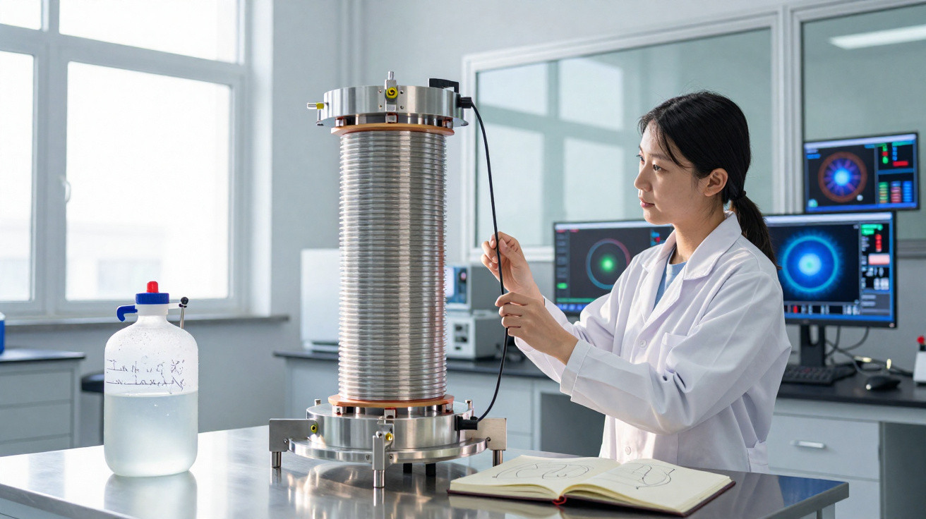 Cientista em jaleco operando equipamento científico em laboratório com telas e livro aberto na mesa.