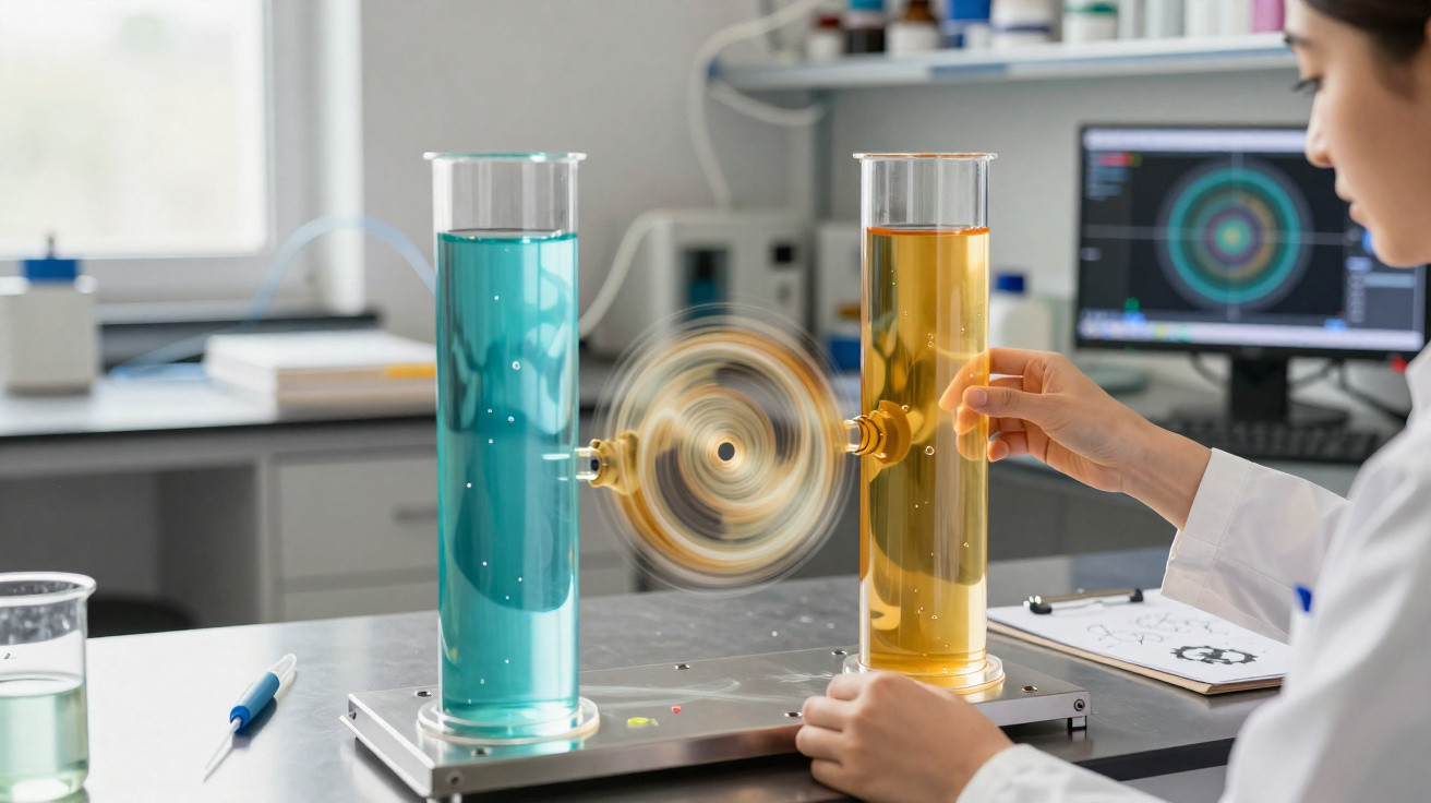 Mulher cientista operando dispositivo com líquidos azul e amarelo em laboratório moderno.
