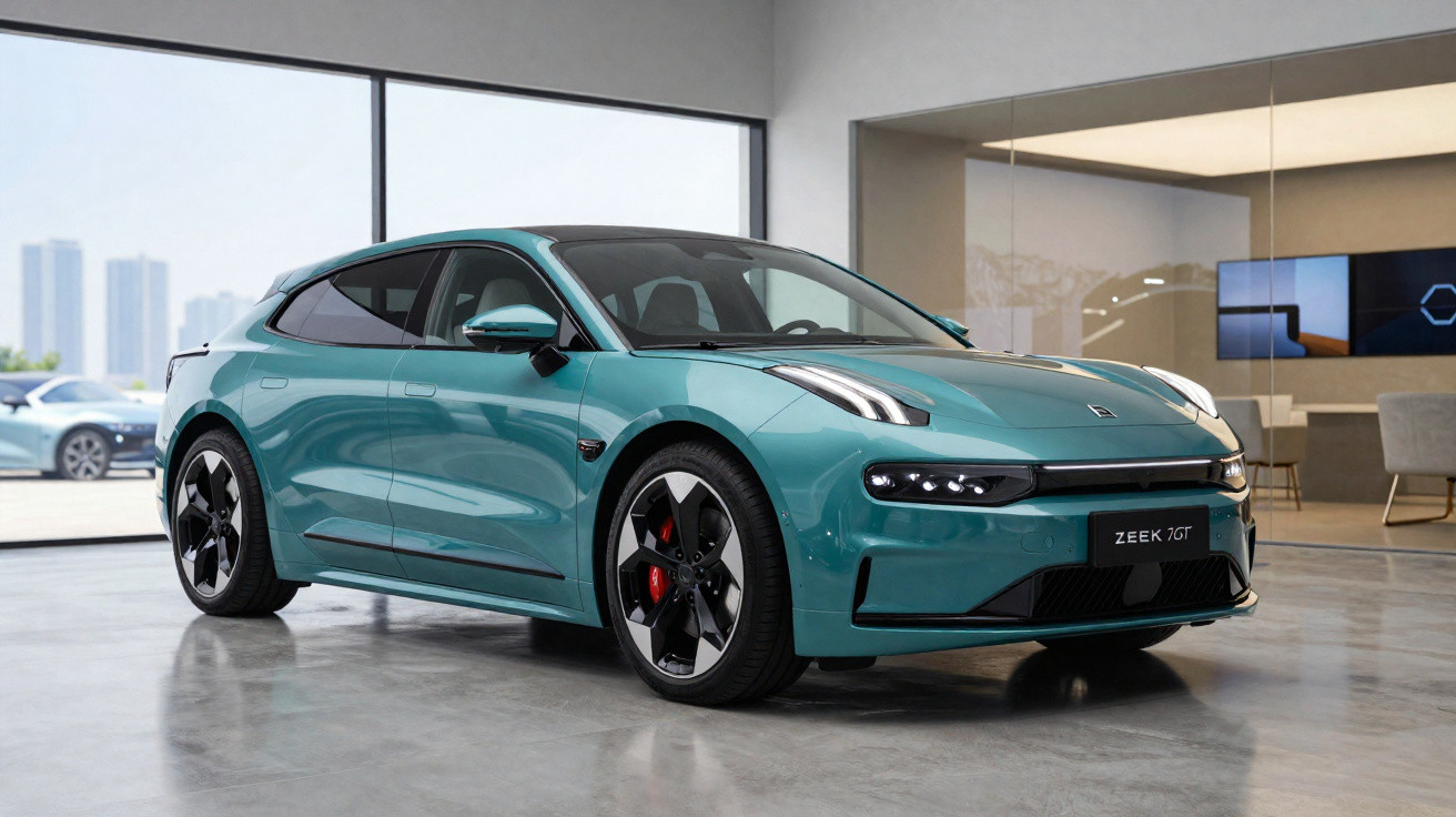 Carro elétrico esportivo verde Zeekr 001 GT em showroom moderno com janelas grandes e móveis.