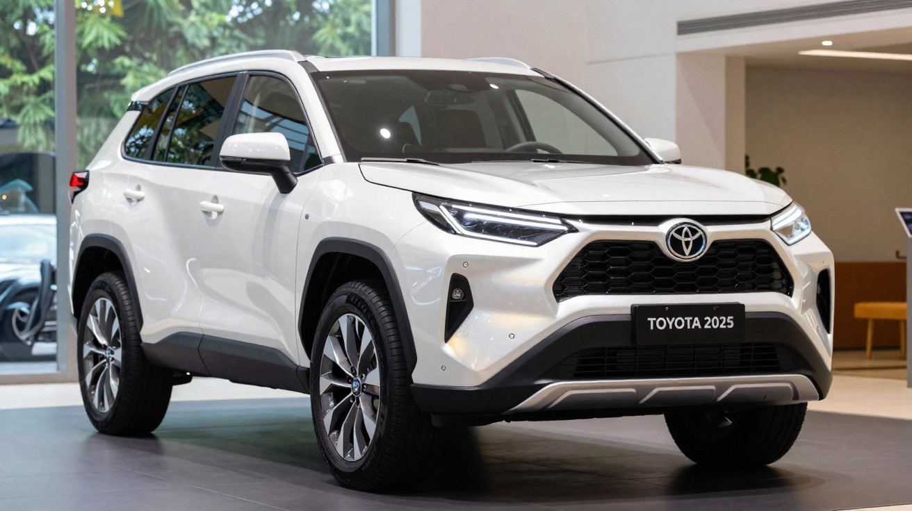 SUV Toyota branco 2025 em exibição em ambiente interno com piso cinza e grandes janelas.
