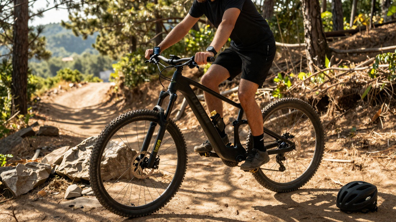 Pessoa pedalando bicicleta de montanha em trilha de terra cercada por árvores e pedras, capacete no chão.