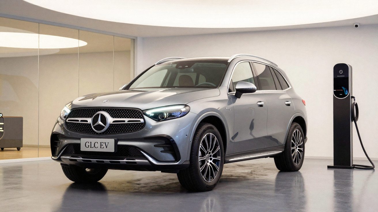 Carro elétrico Mercedes-Benz GLC EV prata estacionado ao lado de estação de recarga em ambiente interno.