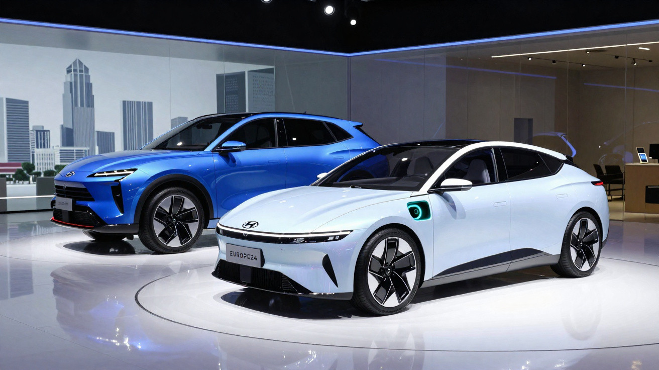 Dois carros elétricos modernos, um branco e outro azul, exibidos em um local com piso refletivo.