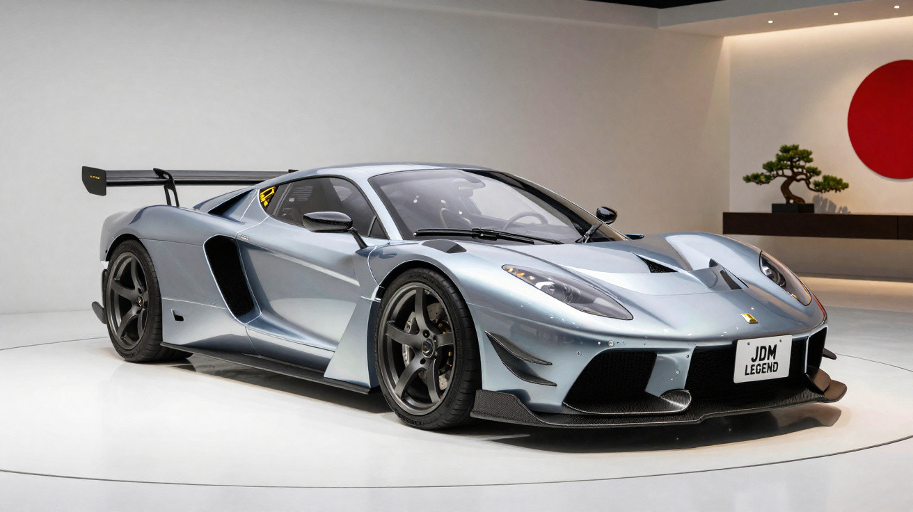 Carro esportivo prata com spoiler traseiro ao lado de planta dentro de ambiente moderno e minimalista.