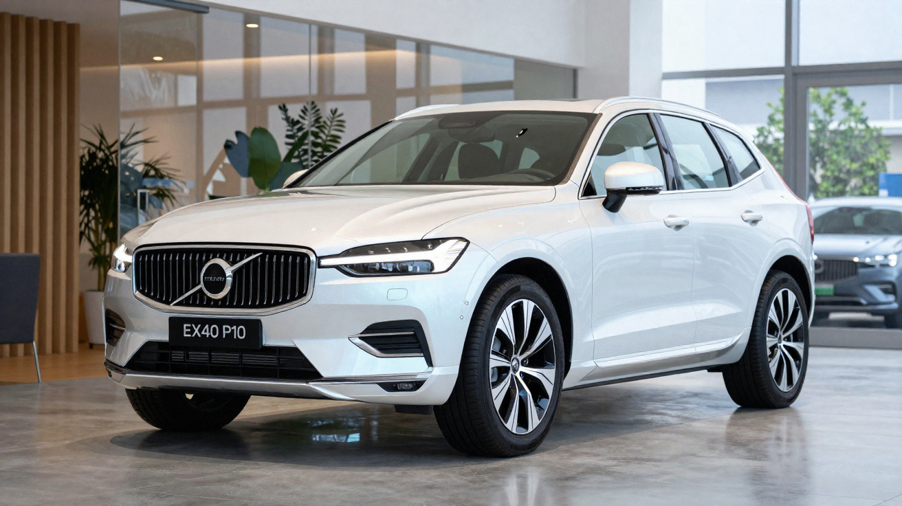 SUV Volvo branco modelo EX40 P10 em showroom moderno com piso cinza e plantas ao fundo.