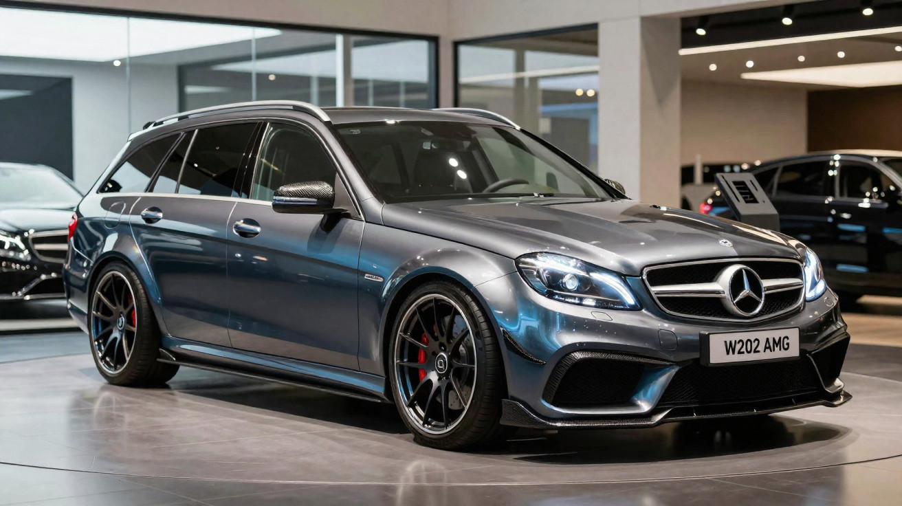Carro Mercedes-Benz AMG W202 cinza escuro, visto de frente e lateral em showroom moderno.