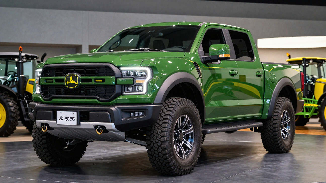 Picape verde nova com logo da John Deere, pneus grandes, em salão com tratores ao fundo.