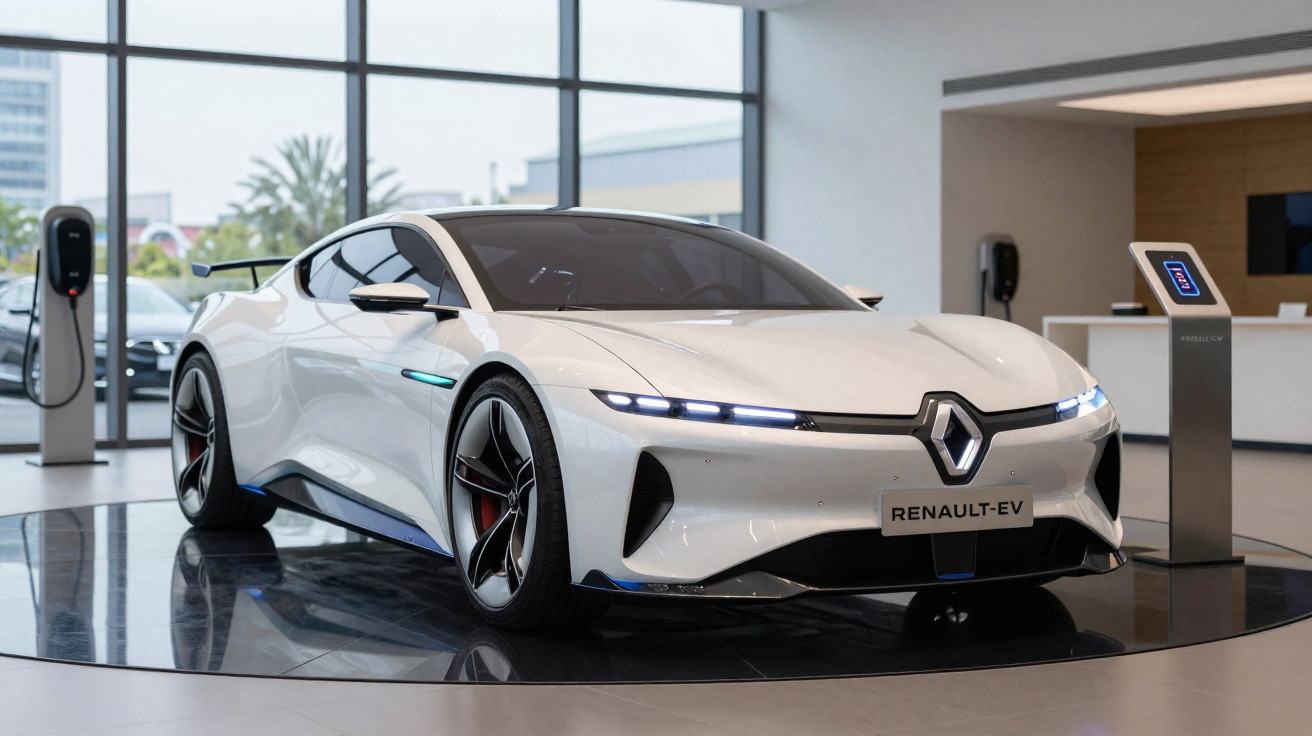 Carro esportivo elétrico branco Renault EV exposto em showroom moderno com parede de vidro.