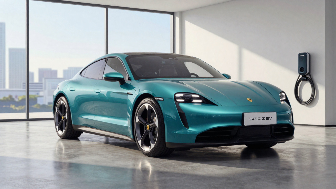 Carro elétrico esportivo verde em garagem moderna com estação de carregamento na parede.