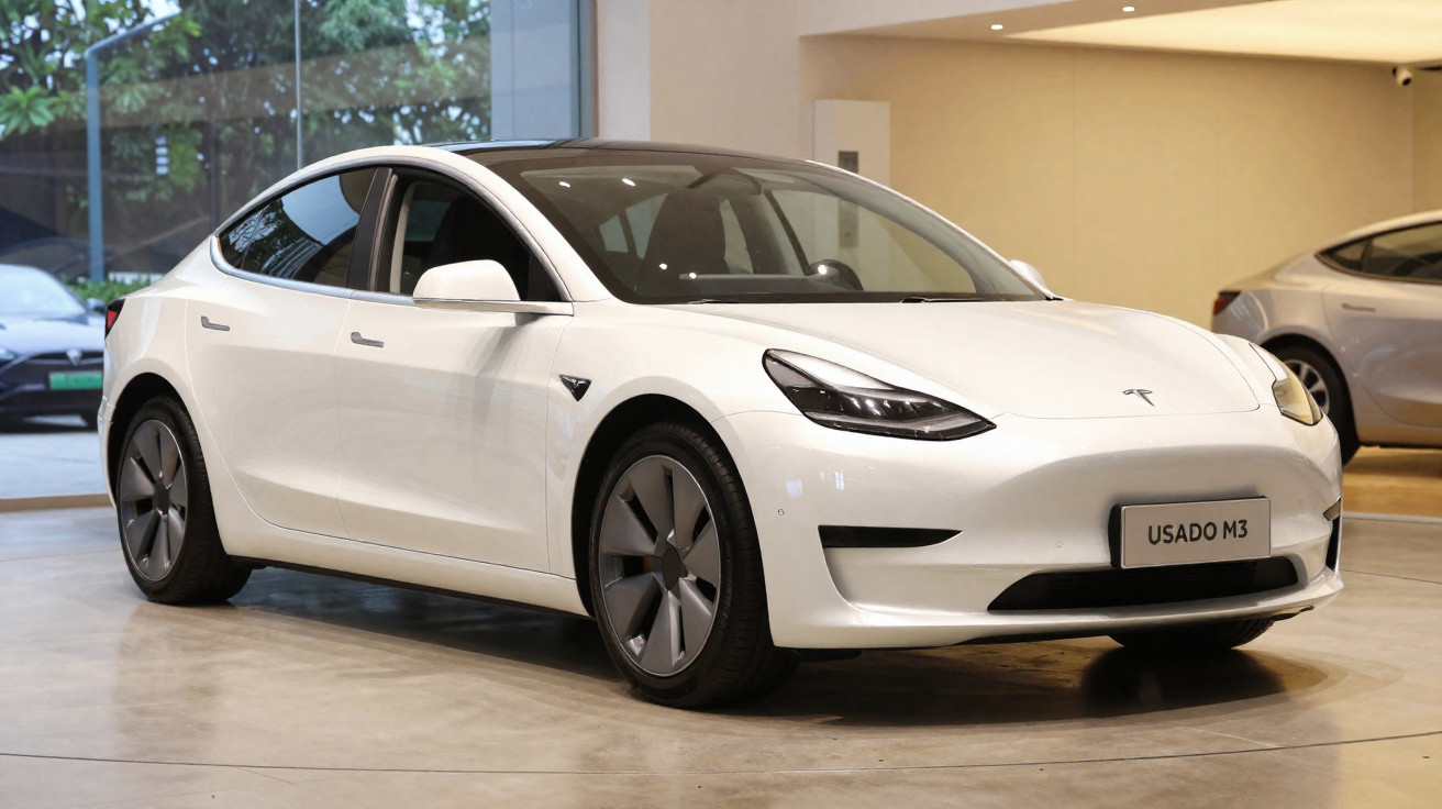 Carro elétrico Tesla Model 3 branco estacionado em showroom com placa "Usado M3".